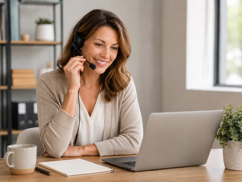 Frau mit Headset vor Notebook