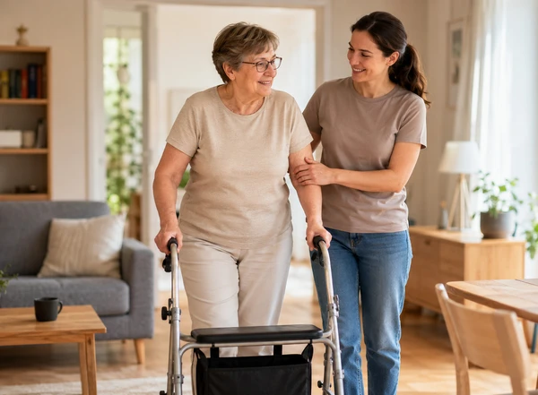Frau Stützt Seniorin mit Rollator